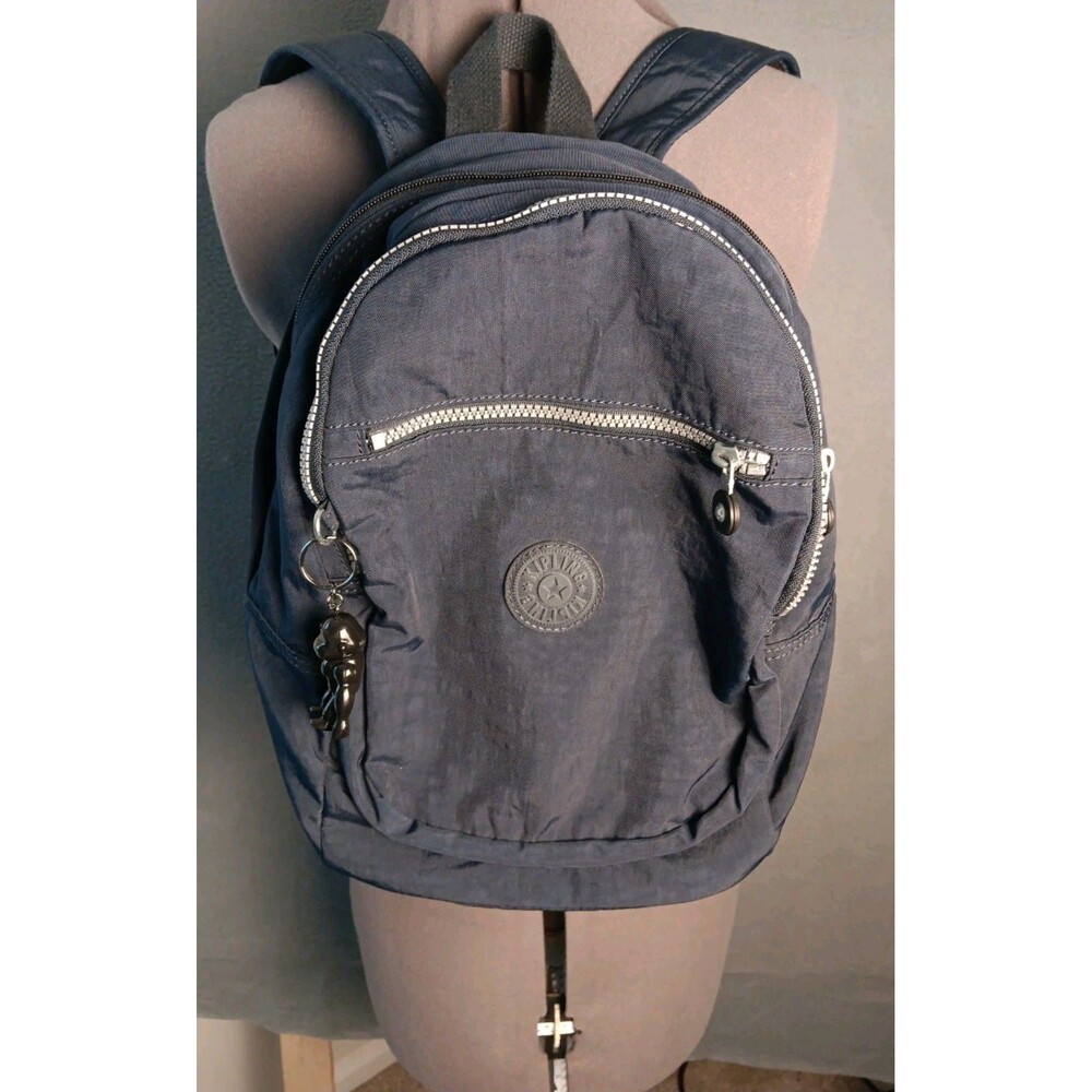 Kipling Seoul Small Backpack Blue Crinkle Nylon Book Bag with Monkey Chain EUC